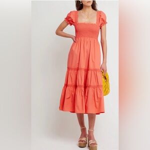 Anthropologie O.P.T. Puff Sleeve Daphne Square Neck Tiered Smocked Midi Dress